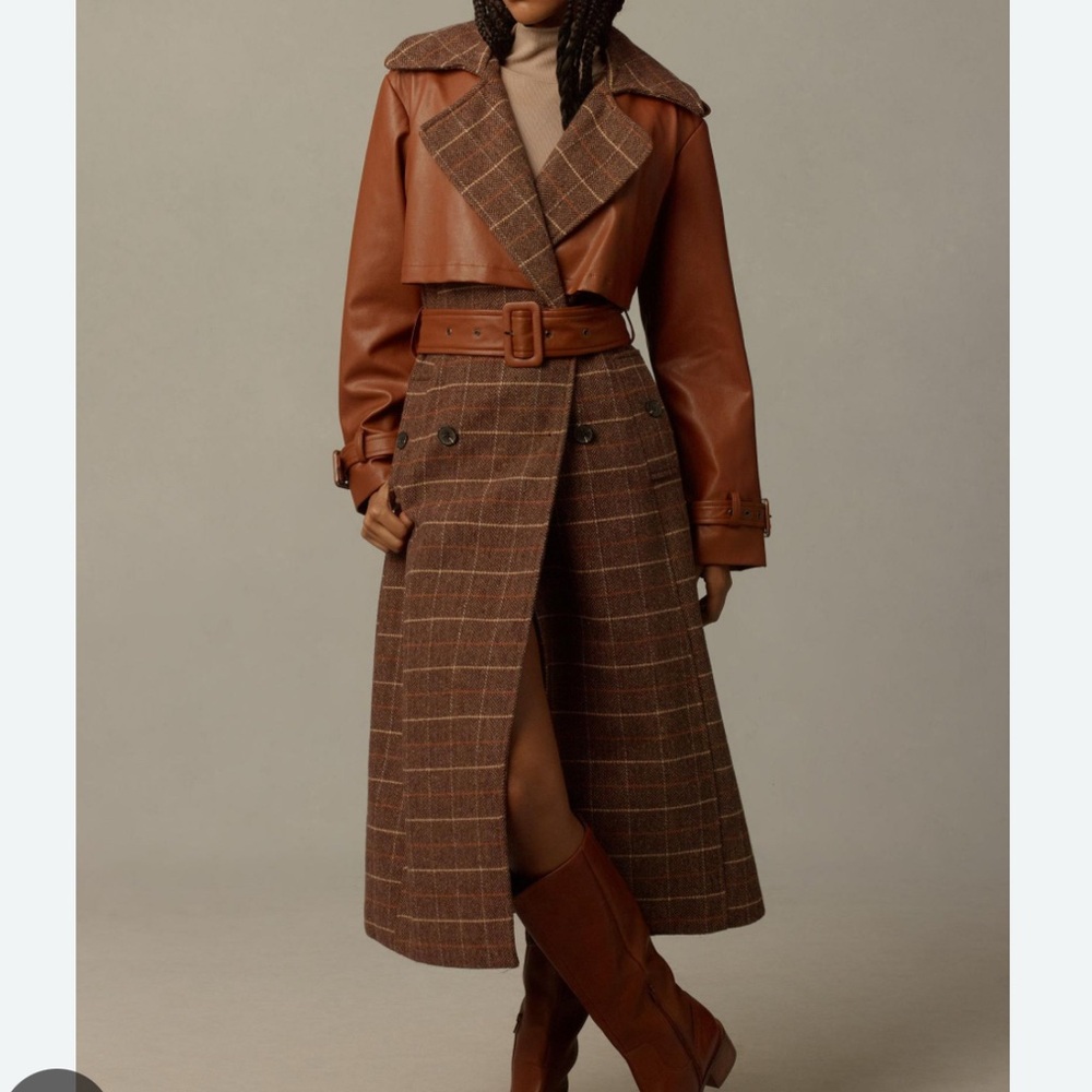 Wool-Blend Brown Trench Coat with Faux Leather Overlay - Picture 6 of 8